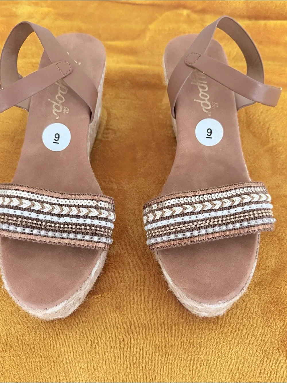 Jellypop Brown Braided Espadrille Wedge Sandal with Sequined Strap